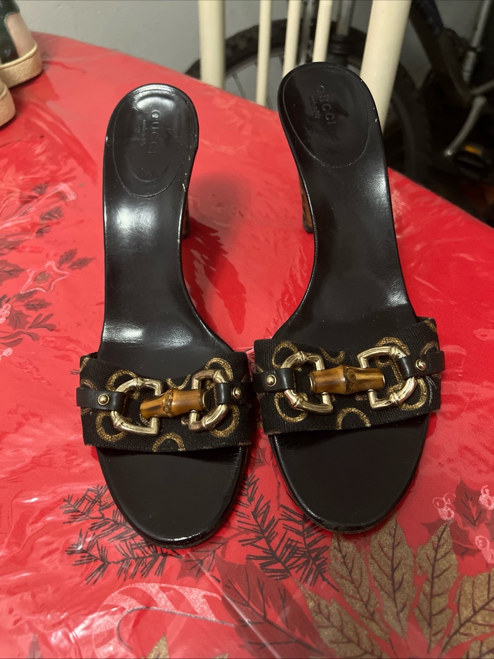 GUCCI Womens Sz 9.5 Black Equestrian Sandals Heels W Gold Bamboo Bit